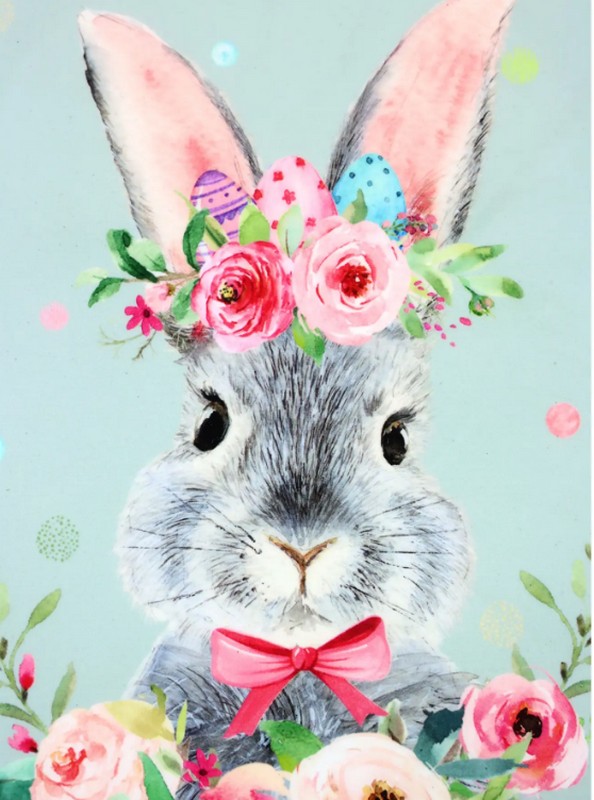 Piatto decorativo azzurro in plastica con coniglio di Pasqua